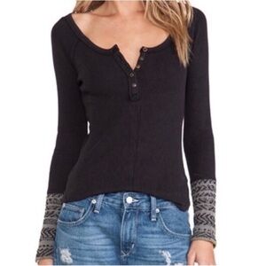 Free People Alpine Henley Top with Knit Cuffs Black Size S